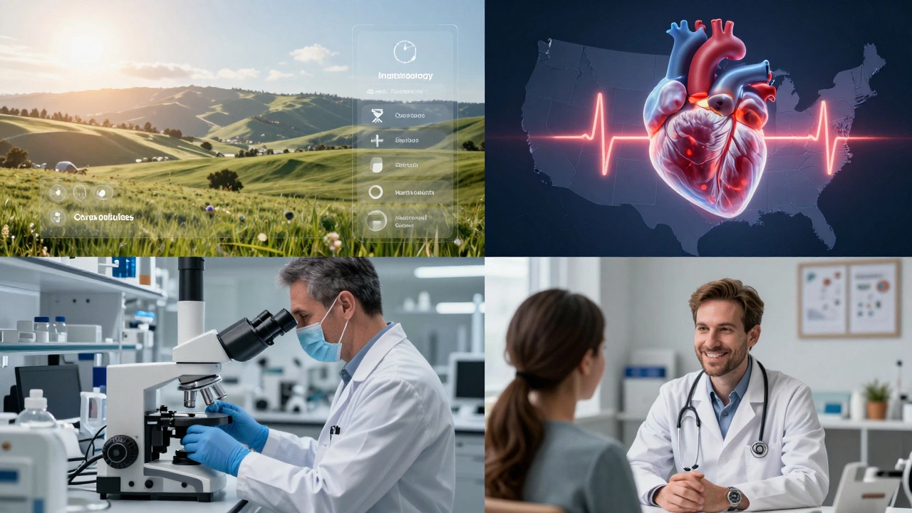 Four-panel art showing CA tech, IL heart, TX/NY cancer, MN care