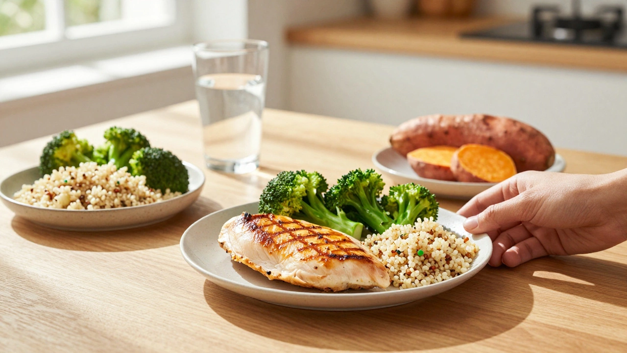 Fresh healthy whole foods like chicken, quinoa, and vegetables on a table