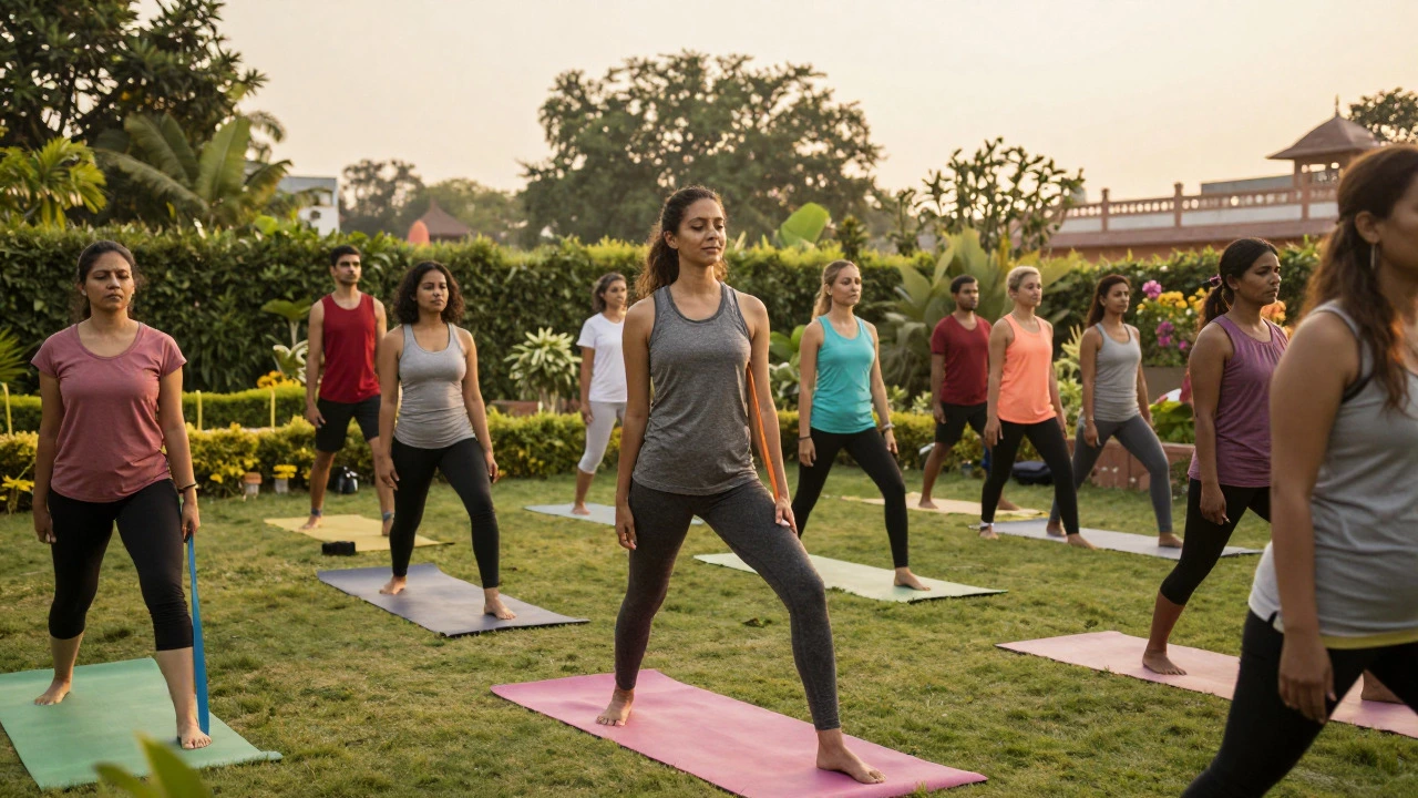 Group doing yoga outdoors in a garden, symbolizing active lifestyle
