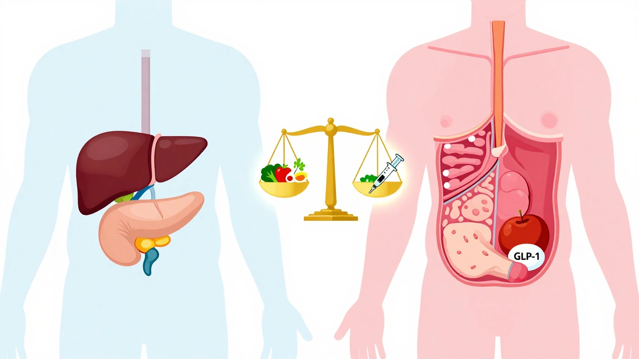 Illustration comparing unhealthy and healthy liver and pancreas organs
