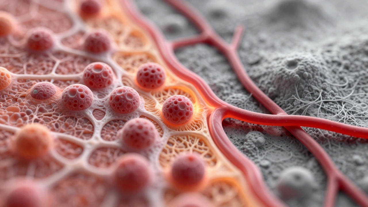 Microscopic view contrasting healthy bone healing with avascular necrosis