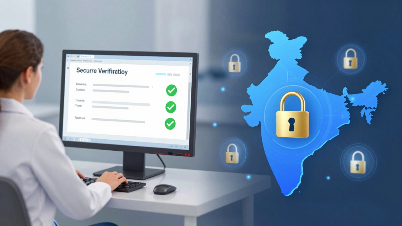 Pharmacist verifying digital prescription with security icons