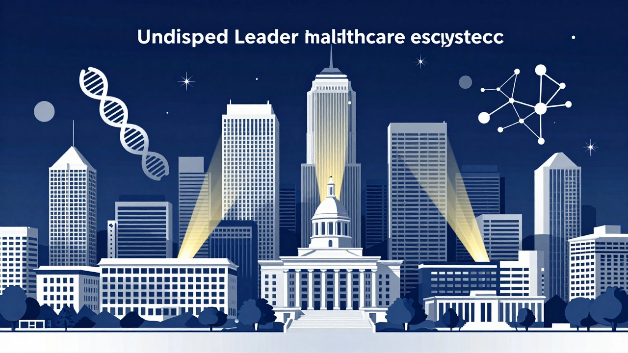 Stylized Boston hospitals surrounded by DNA and neural symbols