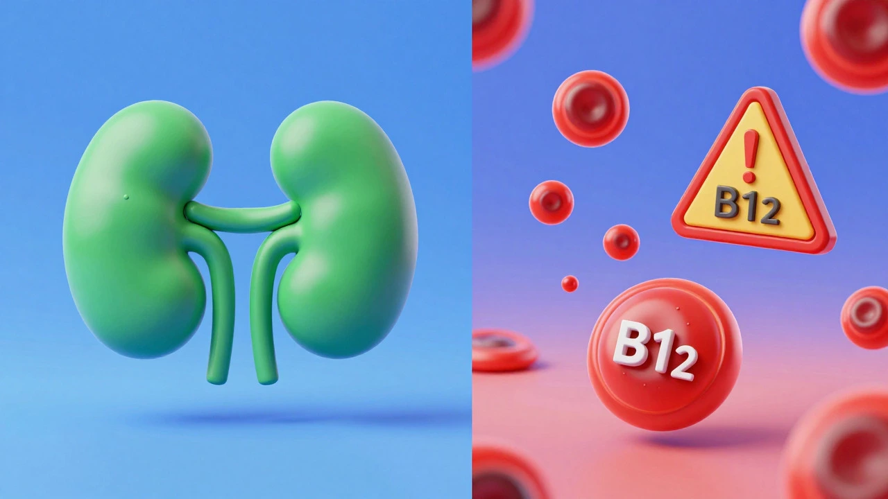 Conceptual art distinguishing high B12 as a symptom rather than a cause of kidney damage