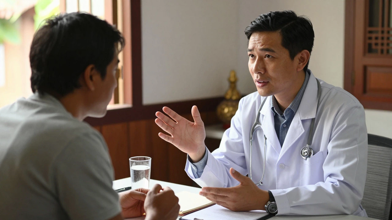 Doctor and traveler communicating during a clinic consultation
