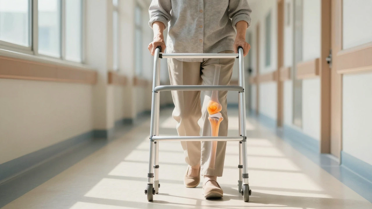 Elderly person using a walker with an overlay of a femoral neck fracture
