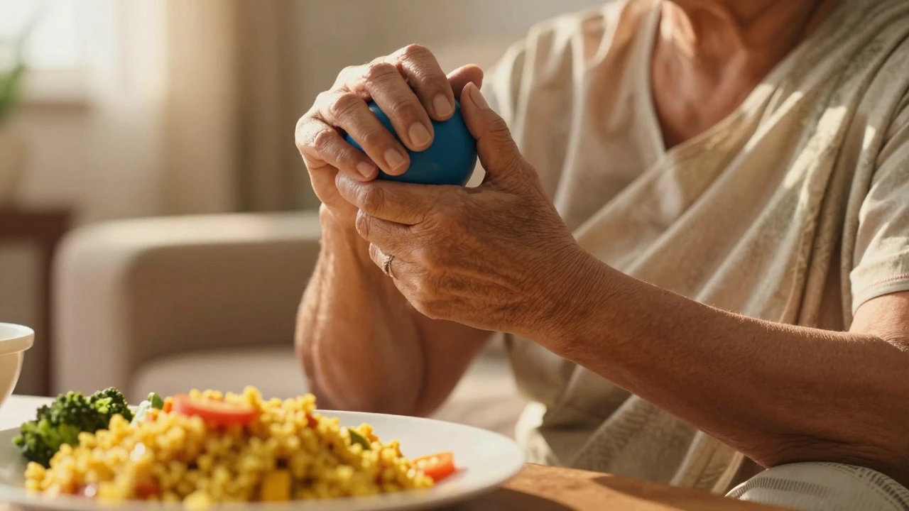 Elderly woman exercising and eating protein-rich food