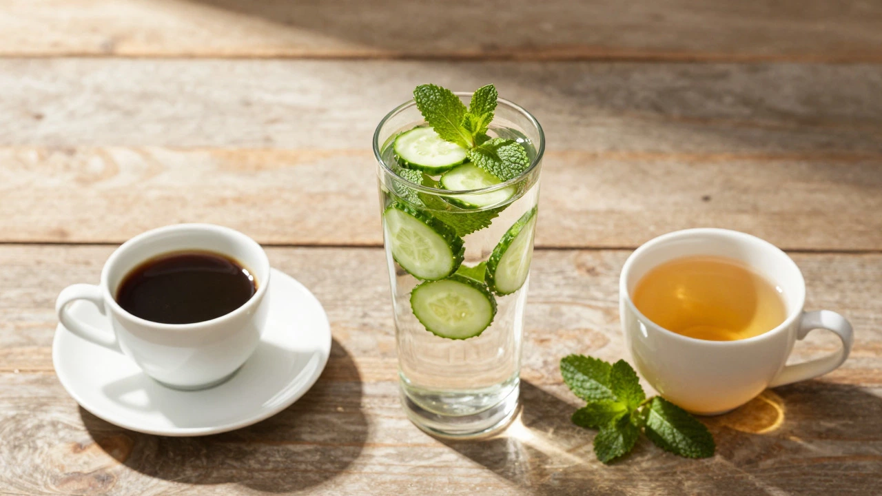 Glass of infused water and herbal tea on wood