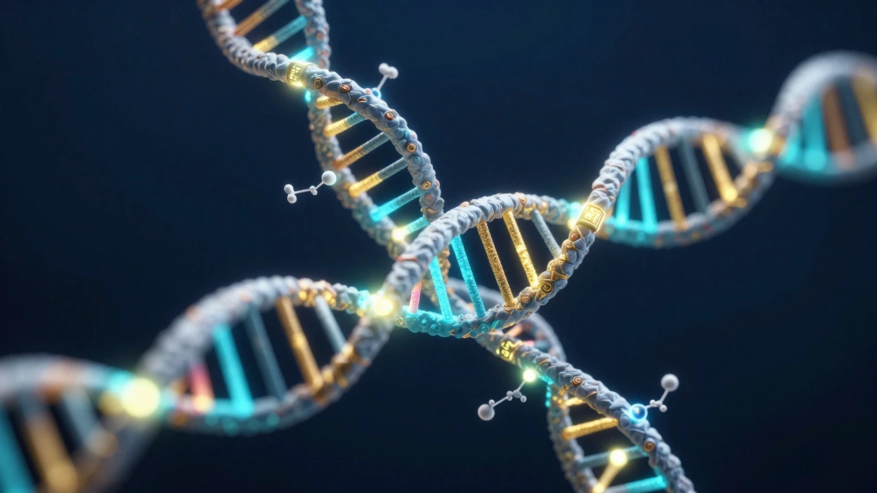 Glowing DNA strand with targeted drug molecules attaching to it