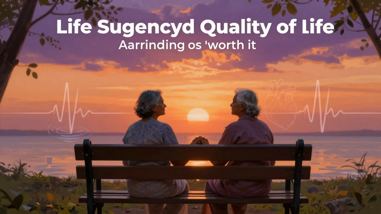 Indian couple sitting at sunset symbolizing life quality