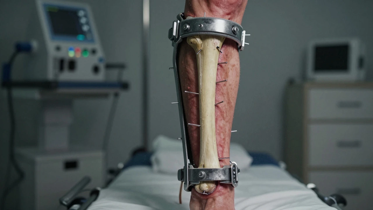 Leg with a tibial fracture held by an external fixator device