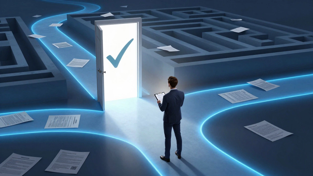 Person at a crossroads choosing between an easy approval path and a complex paperwork maze