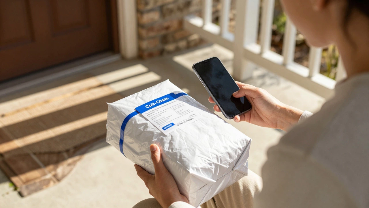 Person inspecting an insulated medication package with cold packs on a sunny porch