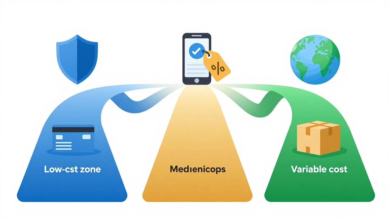 Vector illustration of three paths representing different medication cost-saving strategies