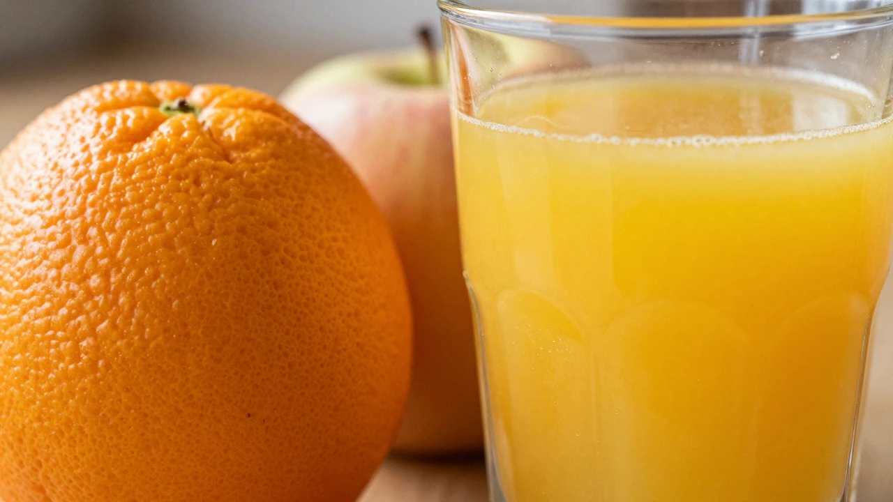 Whole fruit next to a glass of concentrated juice