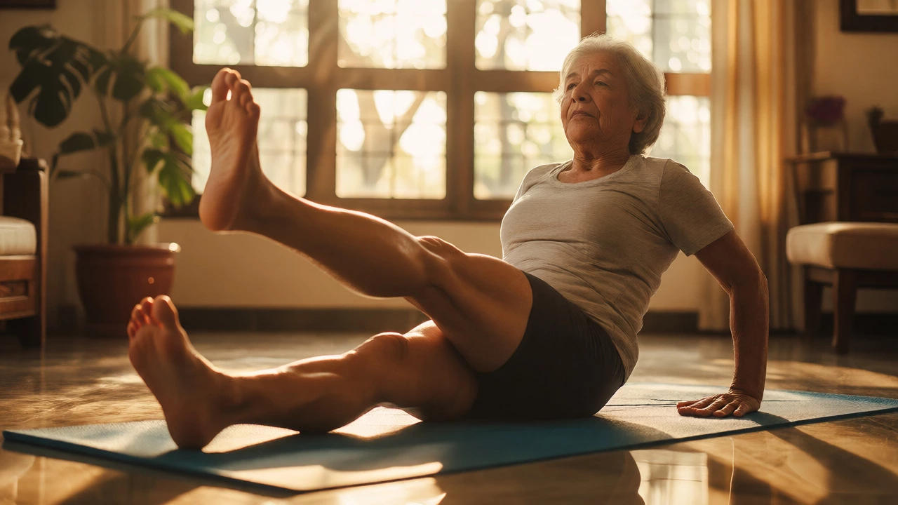 Adult performing straight leg raises in a sunlit room to strengthen knees.