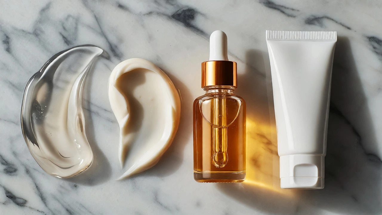 Arrangement of gel, cream, serum, and sunscreen products on a marble surface