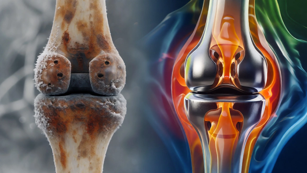 Artistic comparison of a rusty stiff hinge versus a smooth lubricated knee joint.