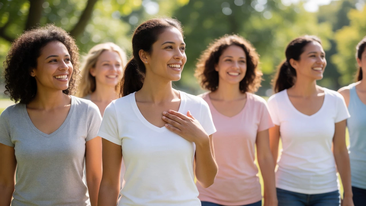 Diverse group of healthy women walking in a sunny park, symbolizing survivorship.