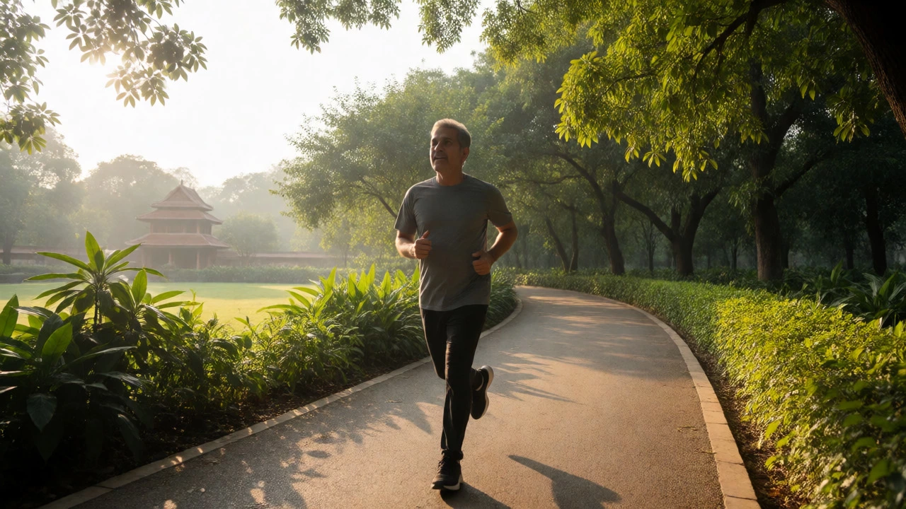 Older man jogging confidently in a park at sunrise after heart surgery