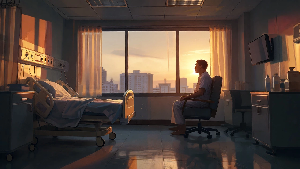 Patient sitting calmly by window at dusk, marking recovery turning point