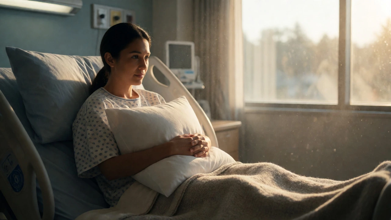 Patient splinting their chest with a pillow while coughing during post-surgery recovery.