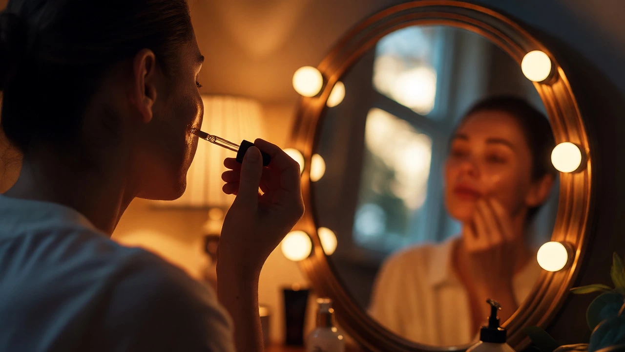 Person applying facial serum with a dropper in a dimly lit evening setting