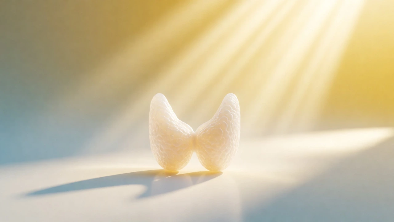 Translucent butterfly-shaped thyroid gland illuminated by soft golden light.