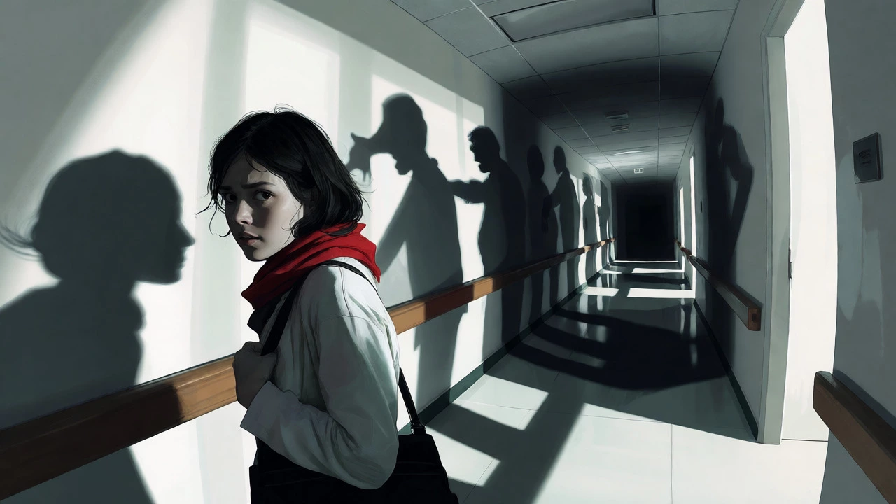 Woman in a corridor experiencing paranoia and suspicious shadows, representing delusions.
