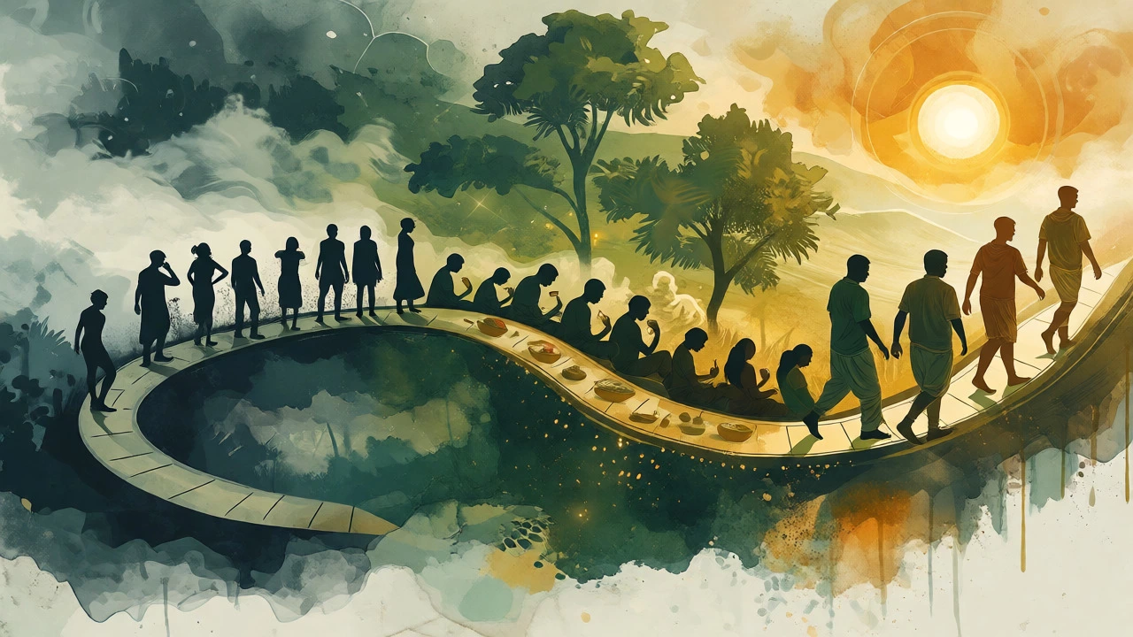 Artistic visualization of the three phases of Ayurvedic healing from detox to recovery.