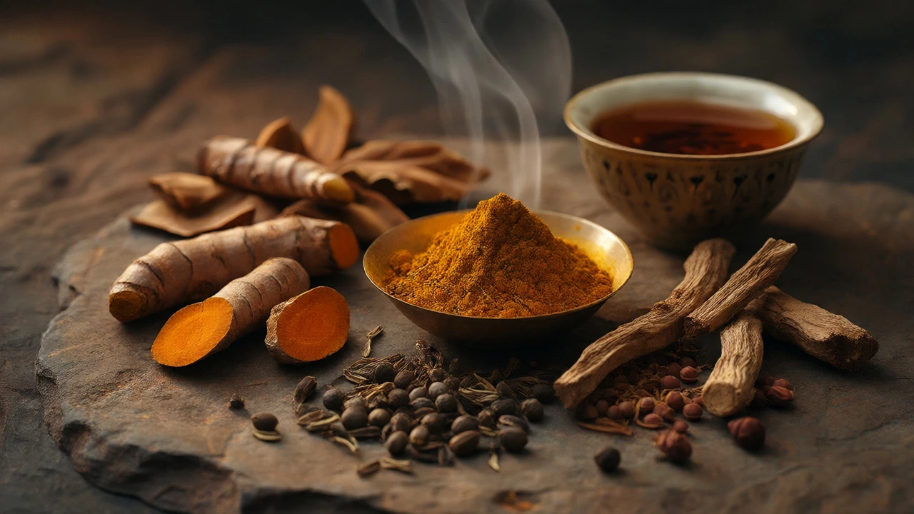 Close-up of Ayurvedic herbs like Turmeric and Triphala with steaming tea.