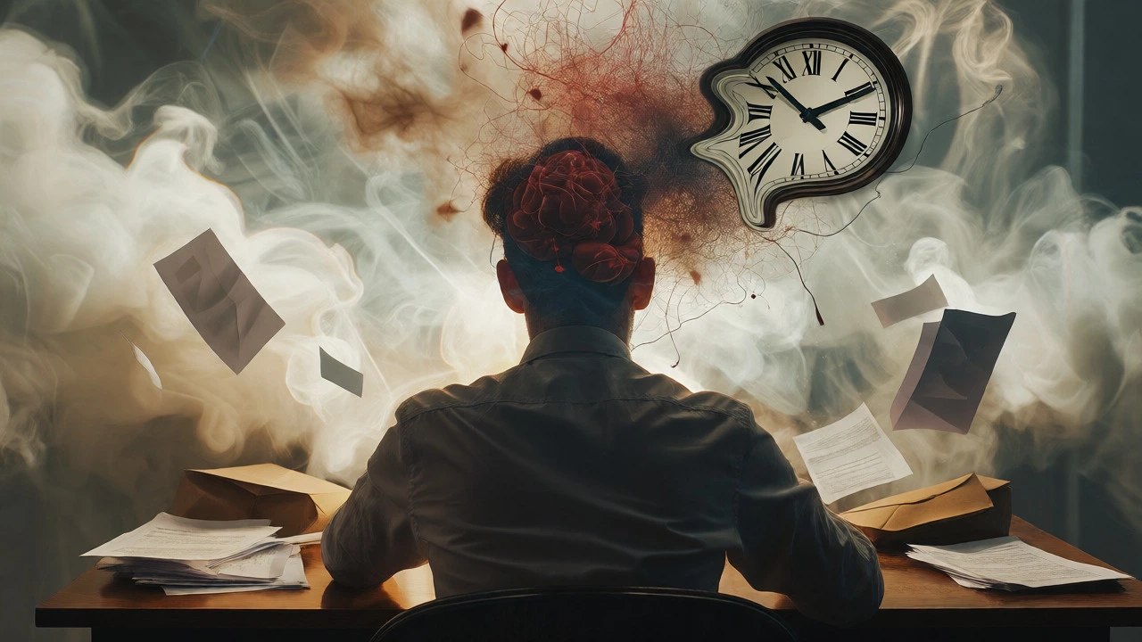 Double exposure of head with fog and clock, representing brain fog and stress.