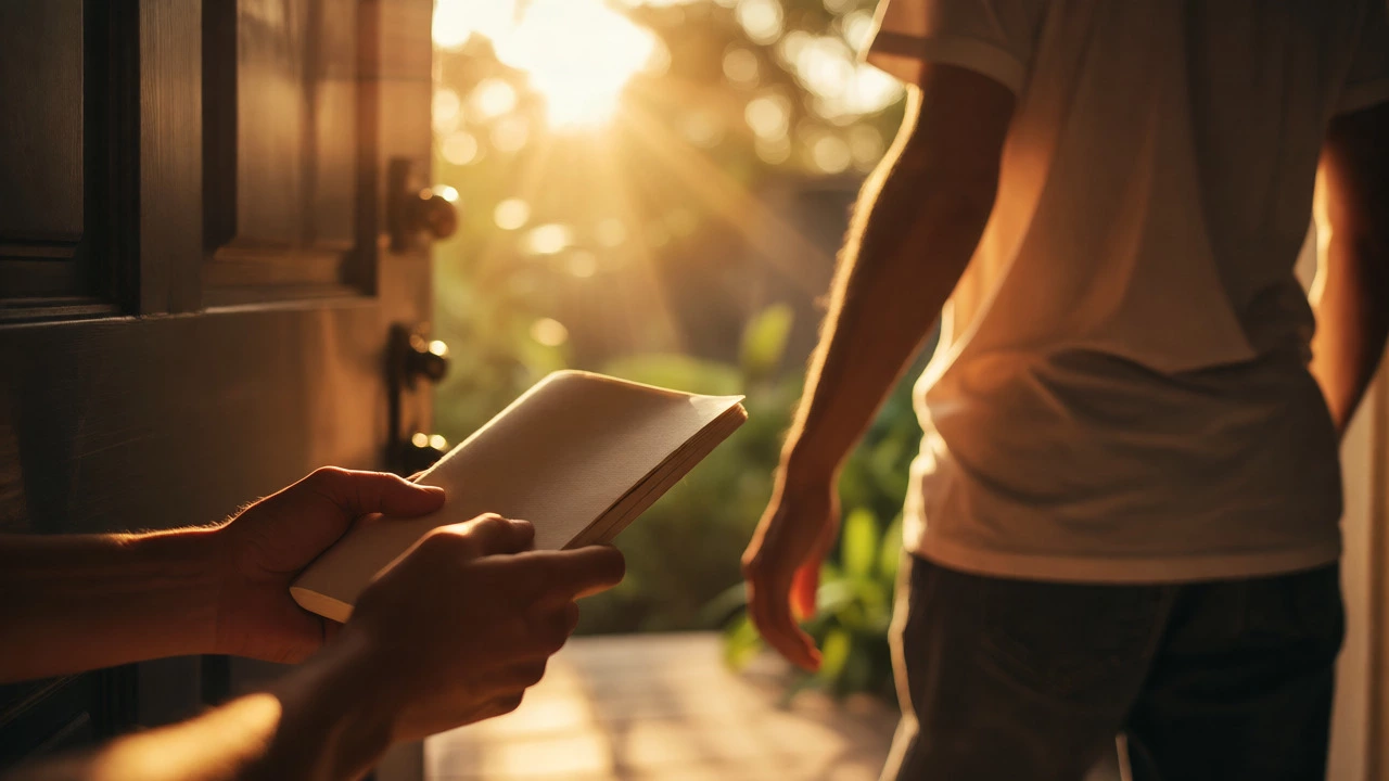 Person stepping from shadow into sunlight holding a journal, symbolizing recovery.